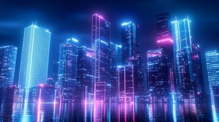 A vibrant city skyline illuminated by neon lights, showcasing modern skyscrapers reflecting on the water at night