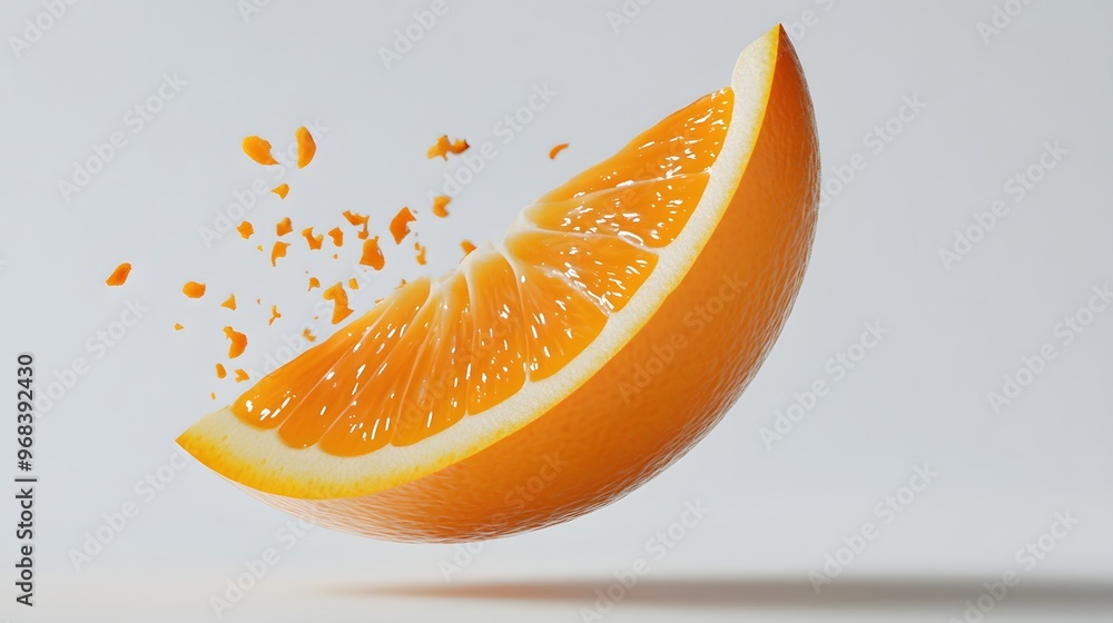 Poster 3. **a 3d render of a falling slice of orange, its juicy segments and vibrant color set against a pr
