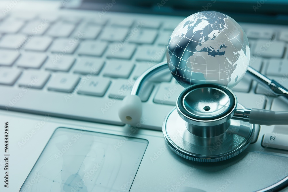 Aufkleber stethoscope resting on a computer keyboard with a blue digital globe, symbolizing global healthcare 