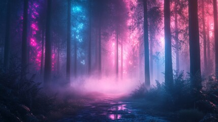 Mystical Forest Path Illuminated by Ethereal Lights