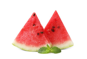 Fresh watermelon slices with mint leaves isolated on white