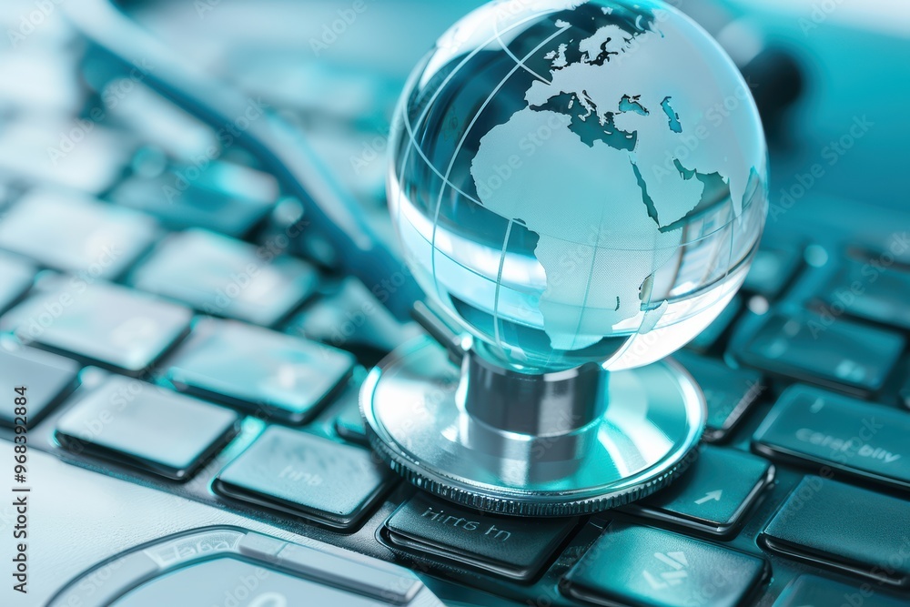 Aufkleber stethoscope resting on a computer keyboard with a blue digital globe, symbolizing global healthcare 