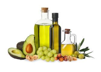 Vegetable fats. Set of different oils and ingredients isolated on white