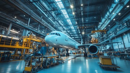A large airplane in an industrial hangar, showcasing manufacturing and assembly processes.