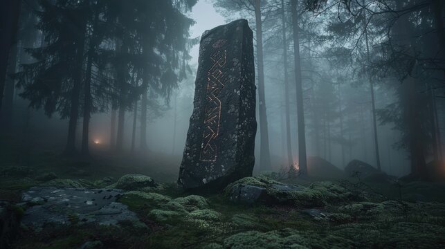 Mysterious rune-covered monolith in misty forest