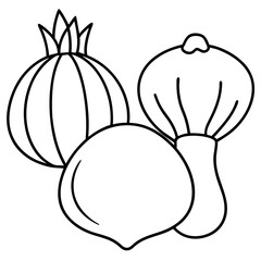 shallots mushrooms turnips vegetables outline coloring book page line art illustration digital drawing