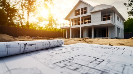Blueprint of Modern Two-Story House Construction on Construction Site at Sunset Light