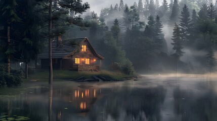 Fototapeta premium Rustic Cabin by Misty Forest Lake at Dusk