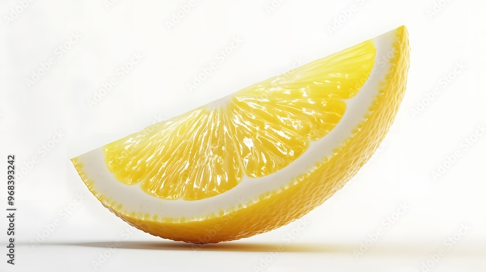 Poster 6. **a 3d render of a falling slice of lemon, its bright yellow flesh and segmented texture contrast
