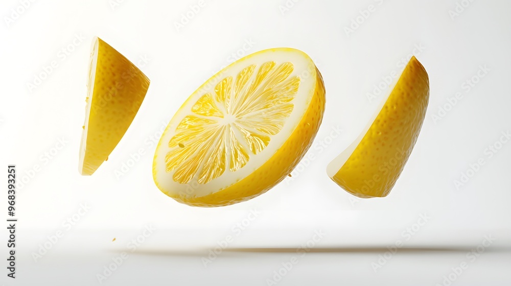 Poster 6. **a 3d render of a falling slice of lemon, its bright yellow flesh and segmented texture contrast