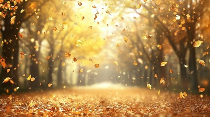 Golden Leaves Falling Through a Sunlit Forest