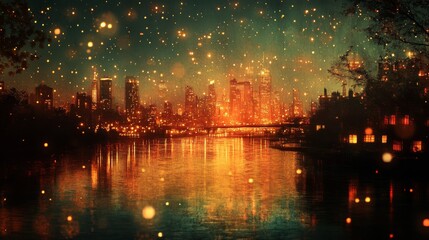 Fototapeta premium Nighttime Cityscape with Glowing Lights and Water Reflection