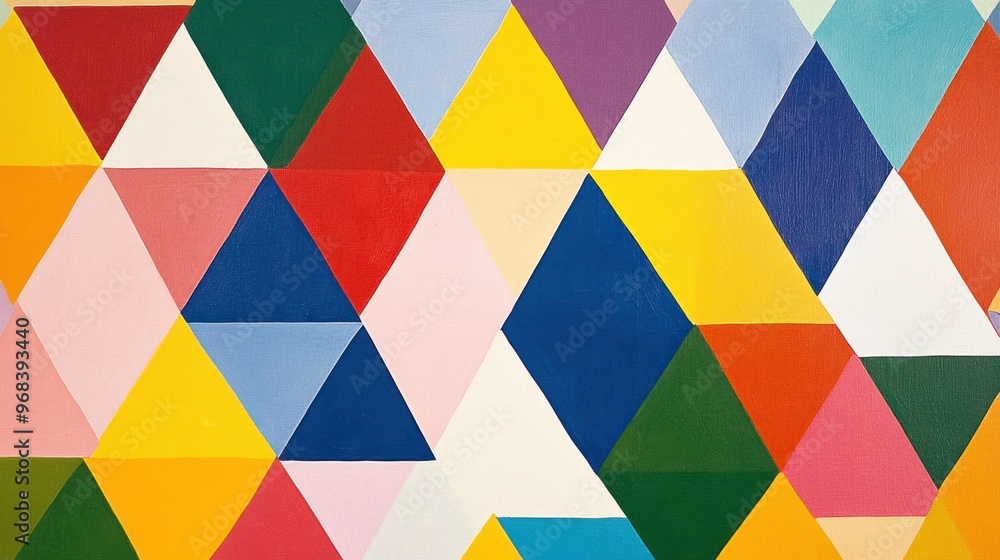 Poster repeating triangle pattern in bright primary colors, forming a modern and playful design.