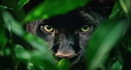 Obraz premium Curious black cat peeking through green leaves