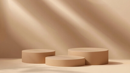 Minimalistic beige pedestals arranged harmoniously for a modern display in a soft-lit setting