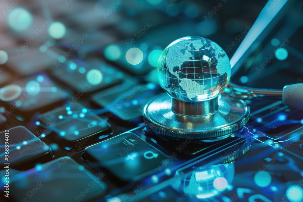 Poster stethoscope resting on a computer keyboard with a blue digital globe, symbolizing global healthcare 