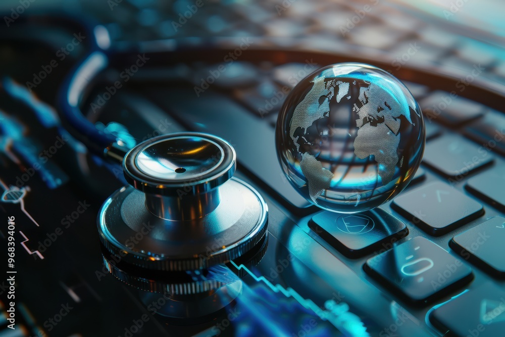 Poster stethoscope resting on a computer keyboard with a blue digital globe, symbolizing global healthcare 