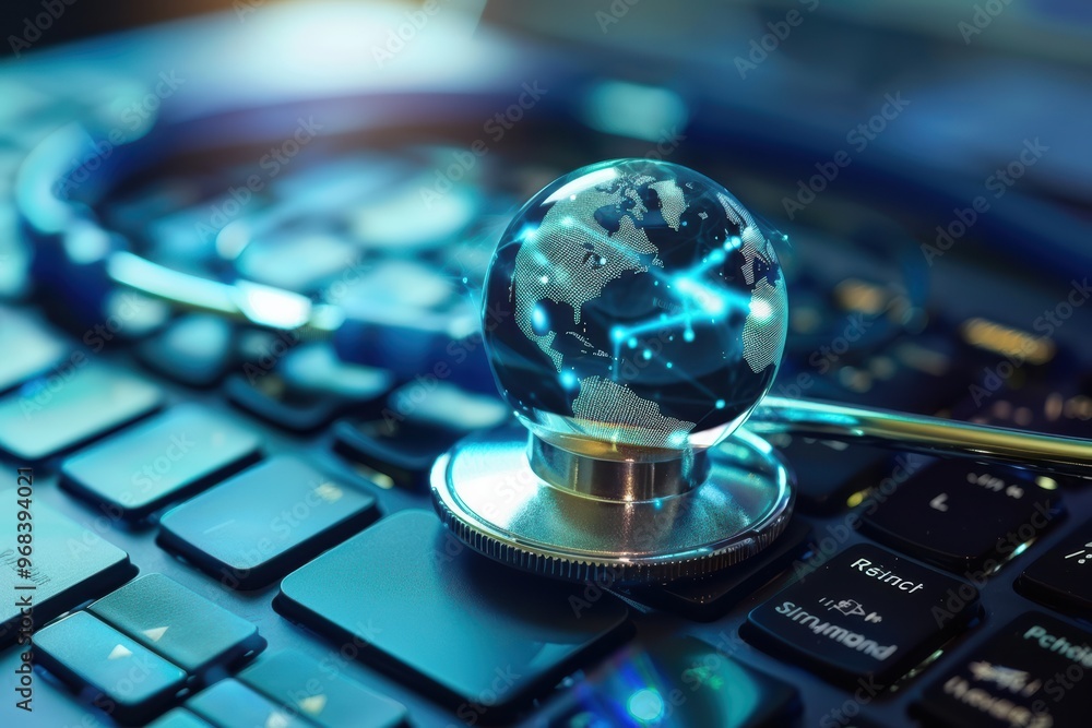 Poster stethoscope resting on a computer keyboard with a blue digital globe, symbolizing global healthcare 
