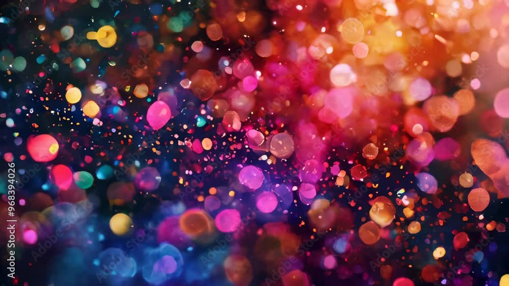 Poster a vibrant multicolored bokeh effect with sparkles, creating a dynamic and festive background perfect