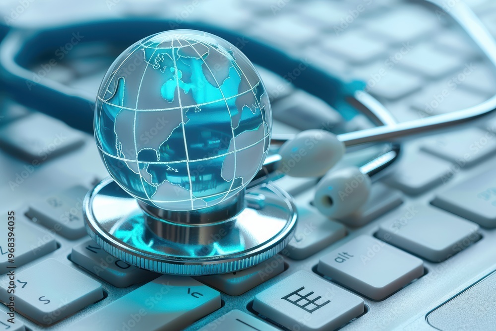 Poster stethoscope resting on a computer keyboard with a blue digital globe, symbolizing global healthcare 