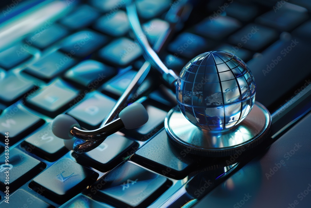 Aufkleber stethoscope resting on a computer keyboard with a blue digital globe, symbolizing global healthcare 