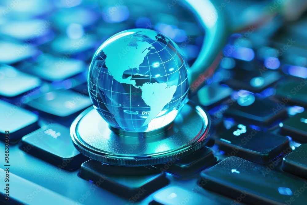 Poster stethoscope resting on a computer keyboard with a blue digital globe, symbolizing global healthcare 