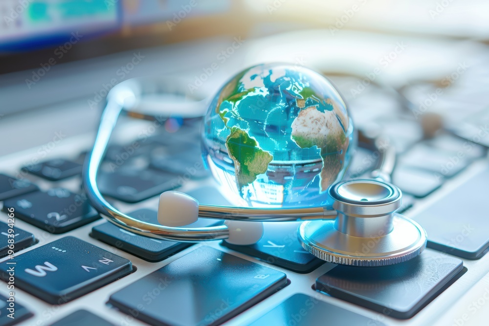 Aufkleber stethoscope resting on a computer keyboard with a blue digital globe, symbolizing global healthcare 