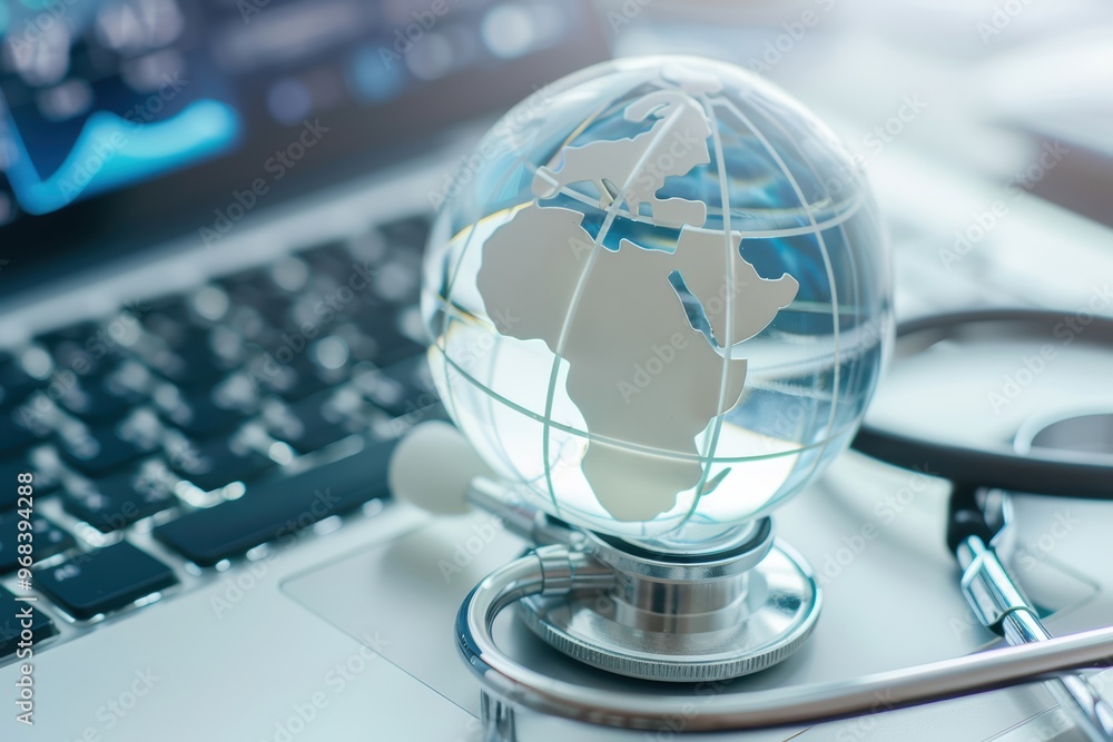 Aufkleber stethoscope resting on a computer keyboard with a blue digital globe, symbolizing global healthcare 