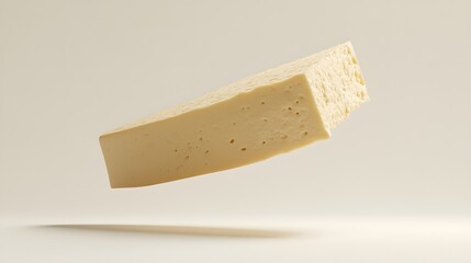 35. **A 3D render of a falling slice of miso, its soft, beige texture detailed against a pristine white surface