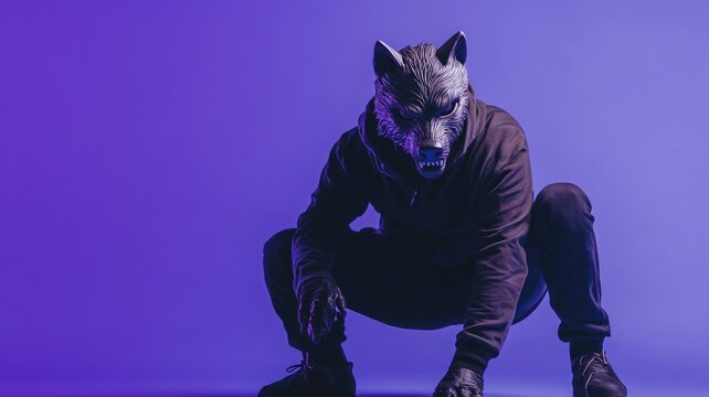 Person in wolf mask and dark outfit crouching under purple light