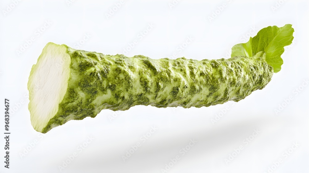 Poster 36. **a 3d render of a falling slice of wasabi root, its green surface and rough texture set against