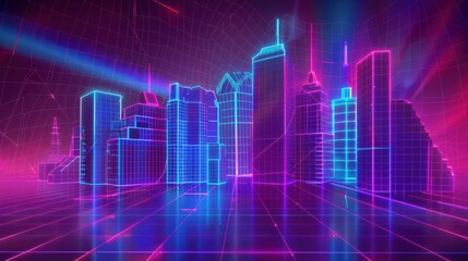 Naklejka premium The image can be named: Futuristic digital cityscape with a blue abstract binary code background representing technology and network data flow in a modern city