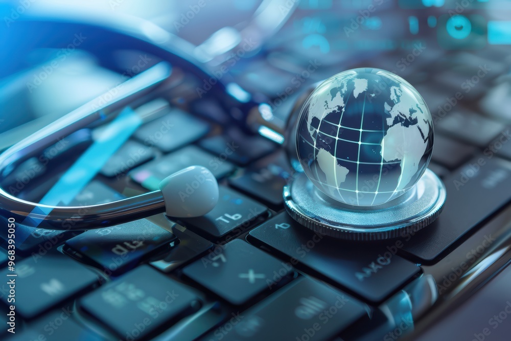 Poster stethoscope resting on a computer keyboard with a blue digital globe, symbolizing global healthcare 