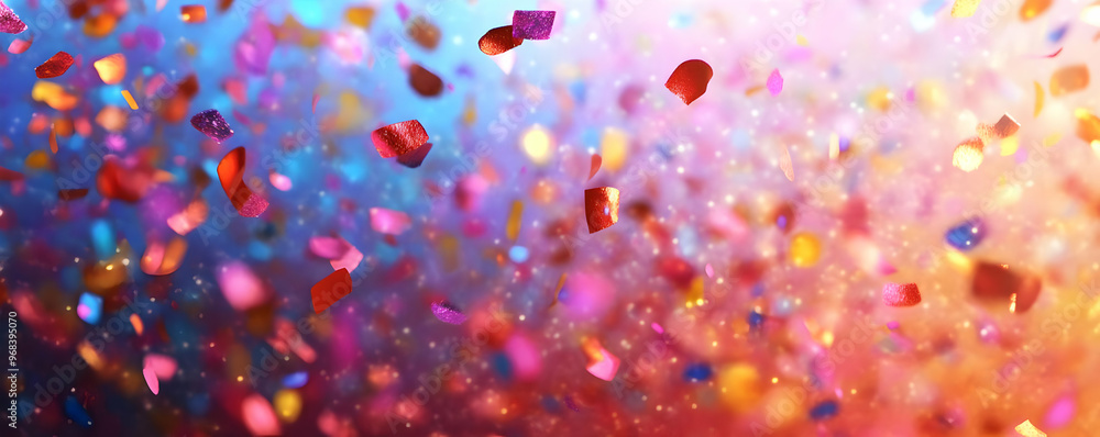 Poster abstract background with falling confetti and bokeh effects