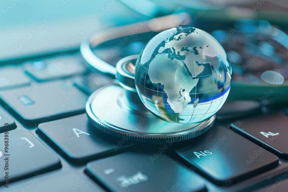 Poster stethoscope resting on a computer keyboard with a blue digital globe, symbolizing global healthcare 