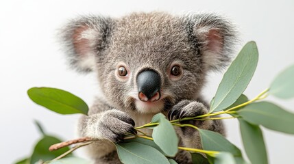 Fototapeta premium A baby koala holding onto a eucalyptus branch, sitting on a white background.