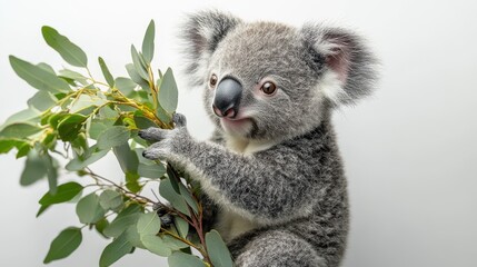 Naklejka premium A baby koala holding onto a eucalyptus branch, sitting on a white background.