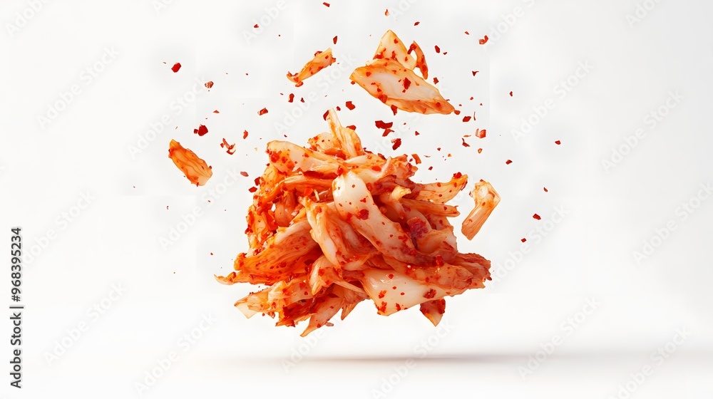 Poster 39. **a 3d render of a falling slice of kimchi, with its fermented cabbage and red pepper flakes set