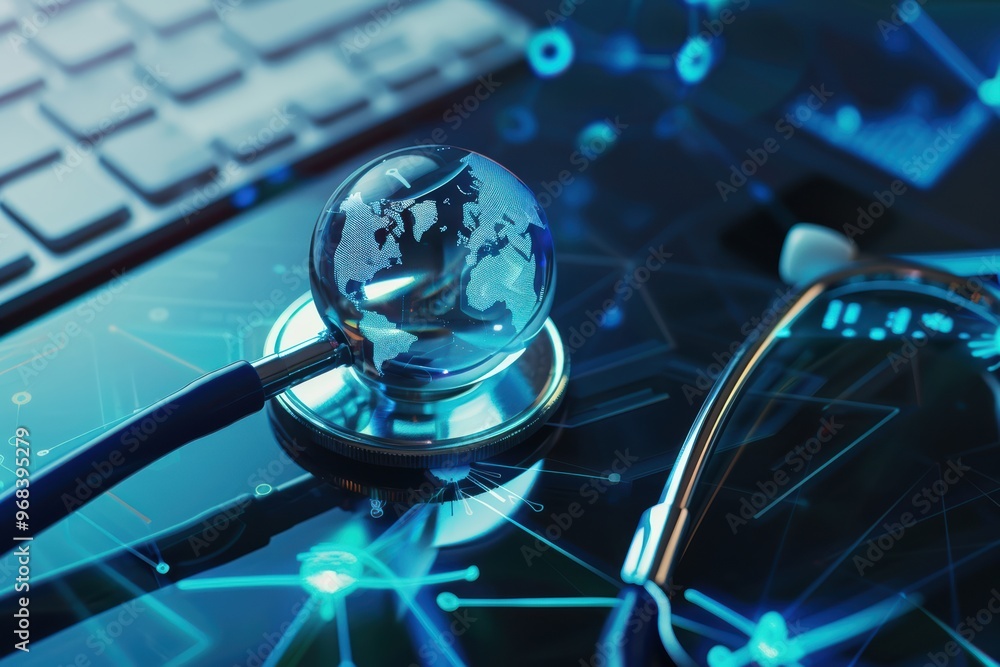 Aufkleber stethoscope resting on a computer keyboard with a blue digital globe, symbolizing global healthcare 