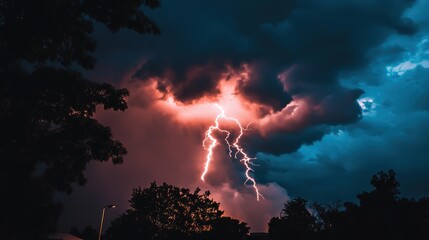 Fototapeta premium Striking Lightning Bolt, Capturing the Power and Energy of a Thunderstorm. Ideal for Illustrations, Weather-Related Graphics, and Dynamic Visuals