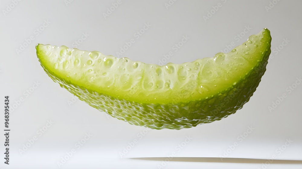 Poster 41. **a 3d render of a falling slice of caper, its green, slightly wrinkled texture visible against 