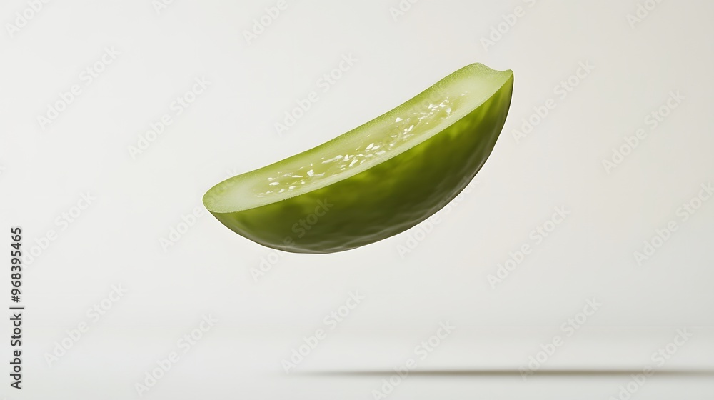 Poster 41. **a 3d render of a falling slice of caper, its green, slightly wrinkled texture visible against 