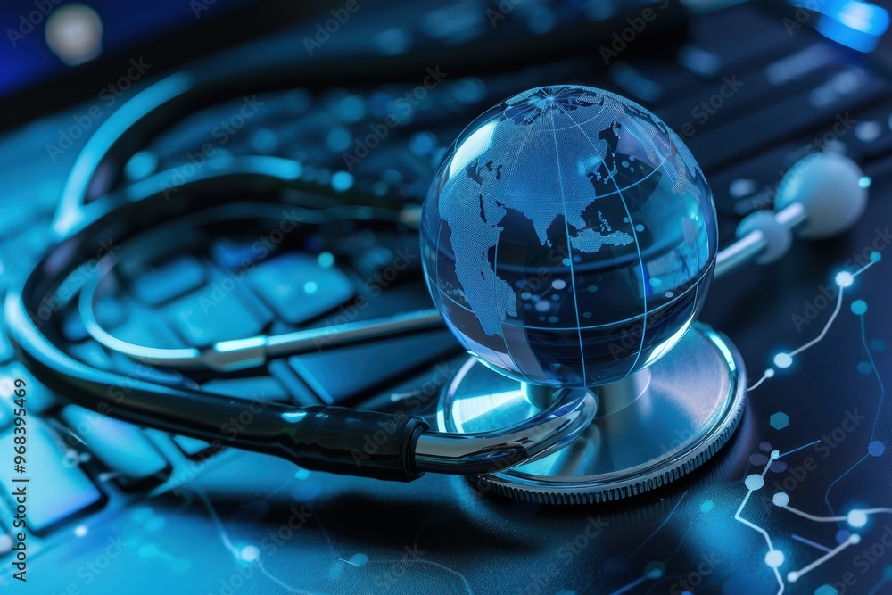 Aufkleber stethoscope resting on a computer keyboard with a blue digital globe, symbolizing global healthcare 