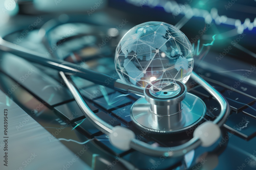 Aufkleber stethoscope resting on a computer keyboard with a blue digital globe, symbolizing global healthcare 