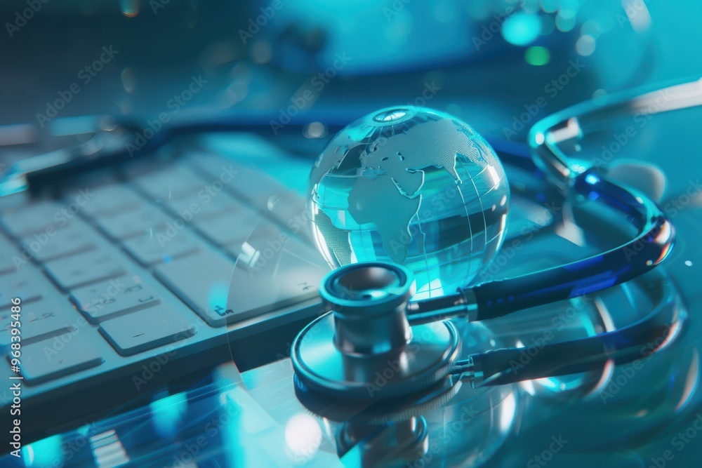Aufkleber stethoscope resting on a computer keyboard with a blue digital globe, symbolizing global healthcare 