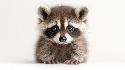 Obraz premium A baby raccoon with big, curious eyes, sitting on a white background.