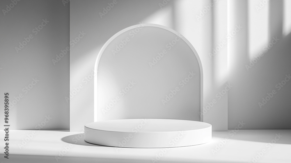 Poster minimalist circular display platform in a softly lit space for artistic presentations