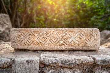 Carved stone block with intricate tribal patterns