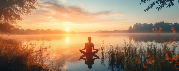 Sunrise Yoga Meditation Photo - Woman Finding Peace and Serenity on the Lake