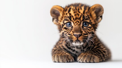 Obraz premium A close-up of a baby leopard with rosette spots, sitting on a white background, looking curious.